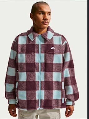 Nike SB Essential Skate Shirt Jacket - Blue and Brown Plaid Pattern - LARGE